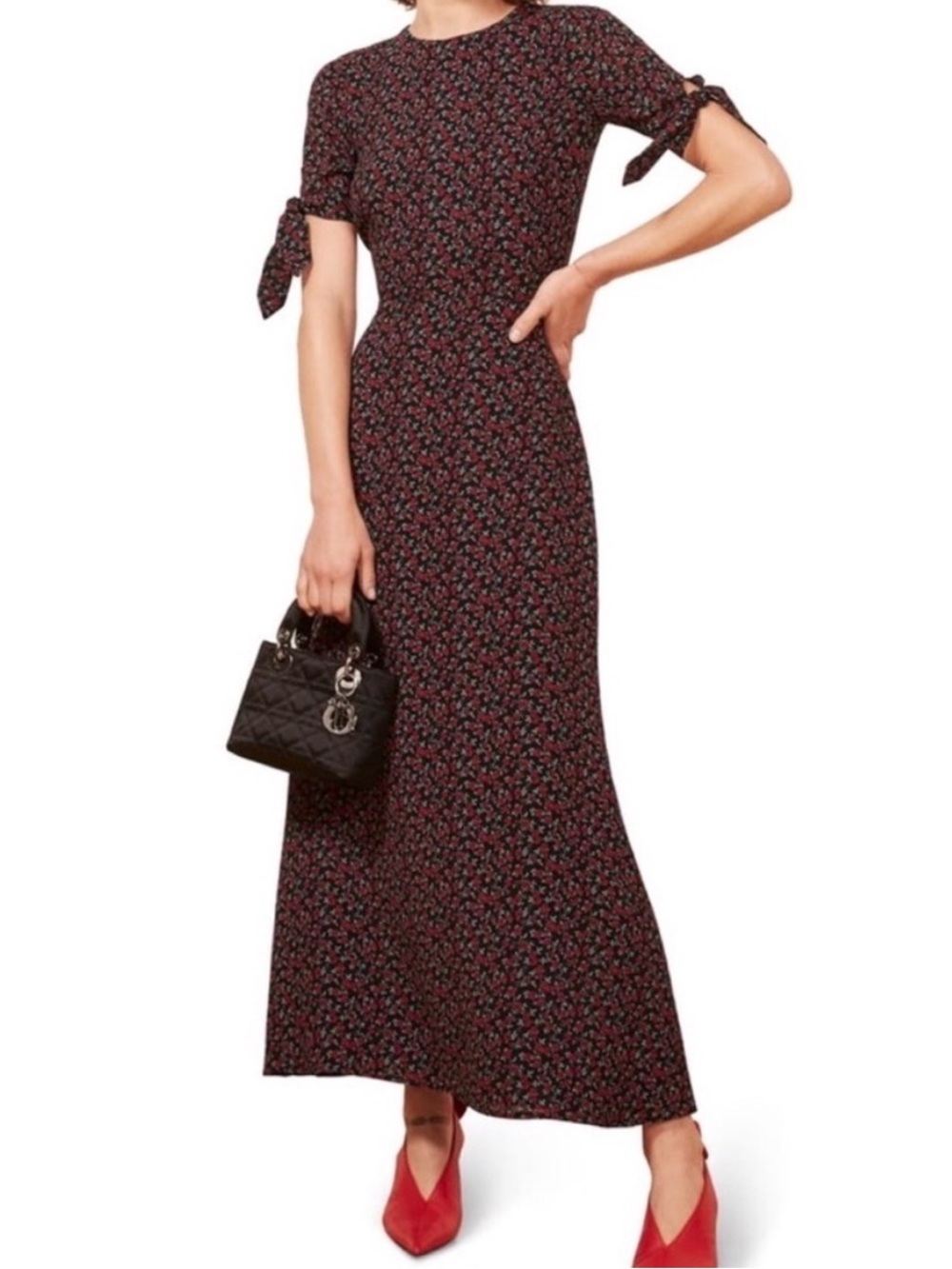 Reformation Amsterdam Tie Sleeve Dress Maxi Roses Print Women 4 Fits XS 2 Mabel